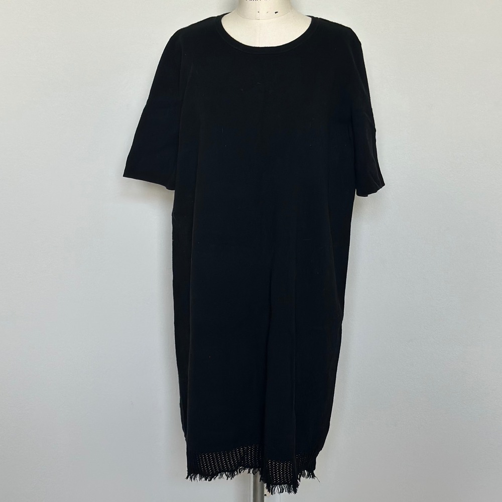 Saks Fifth Avenue Black Knit Fringe Hem Sweater Dress XL Cotton Blend Crew Neck
